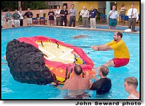 Doug Ritter demonstrates righting the Switlik POD-8 life raft