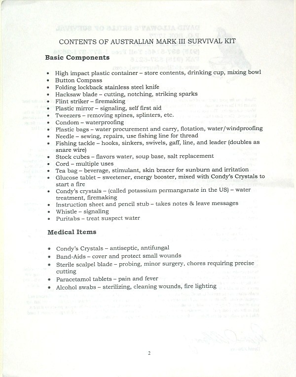 David Alloway's Instruction Sheet Accompanying Australian Mark III Survival Kit