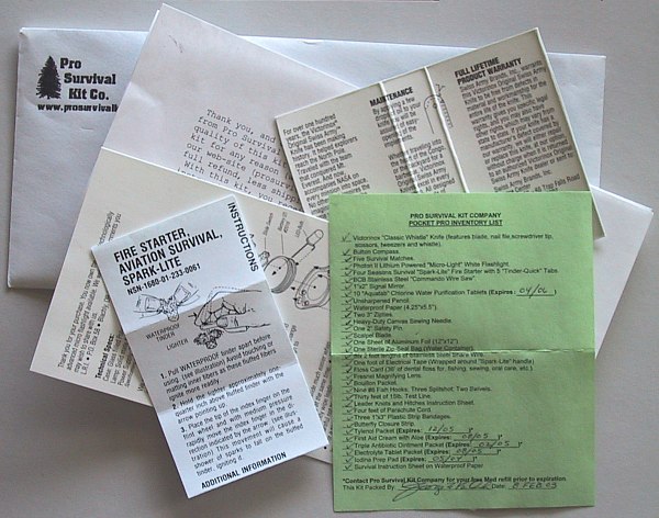 Pro Survival Kit and Manufacturers' Instructions